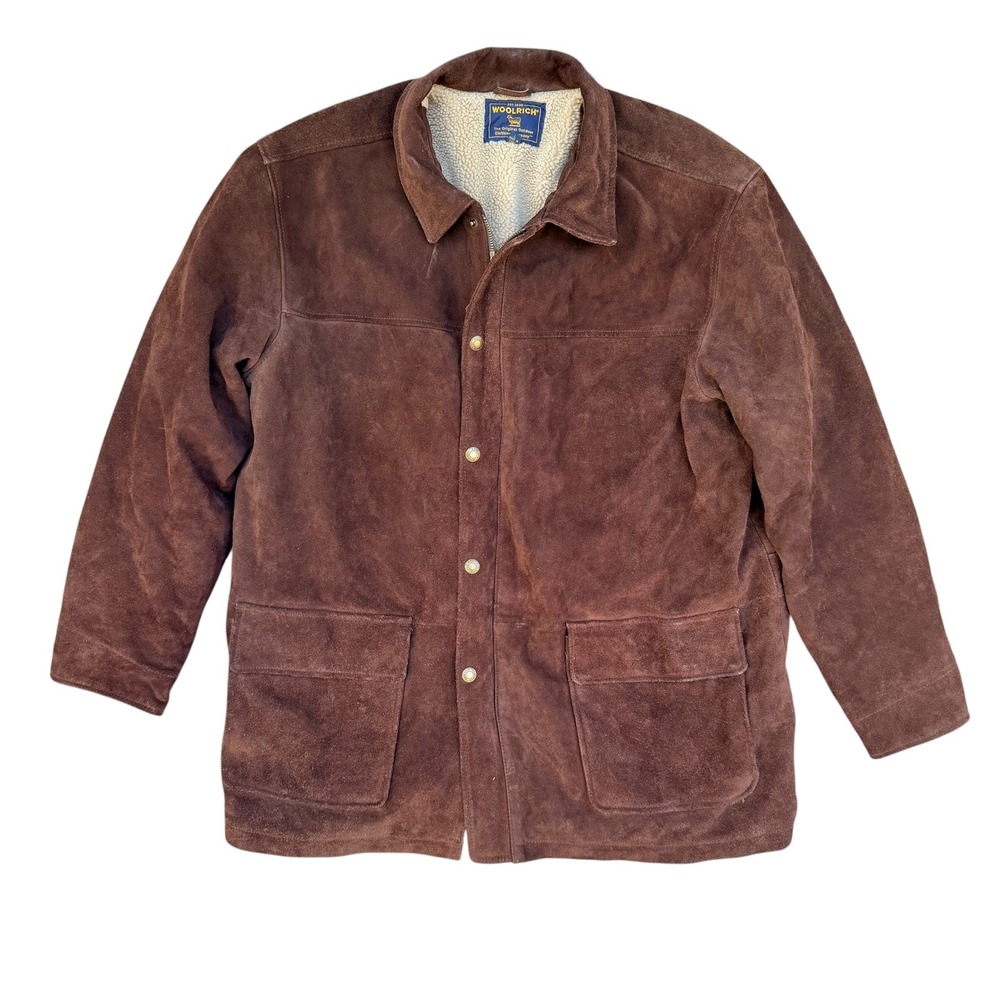 Woolrich Mens Brown Suede Leather Sherpa Lined Field Jacket Coat Large Vintage